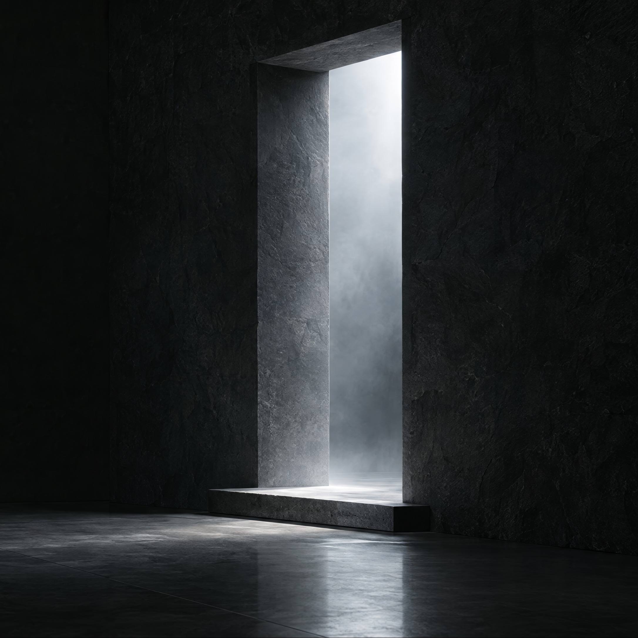 A tall doorway of soft silver light in a dark stone wall, with a single step leading to it.